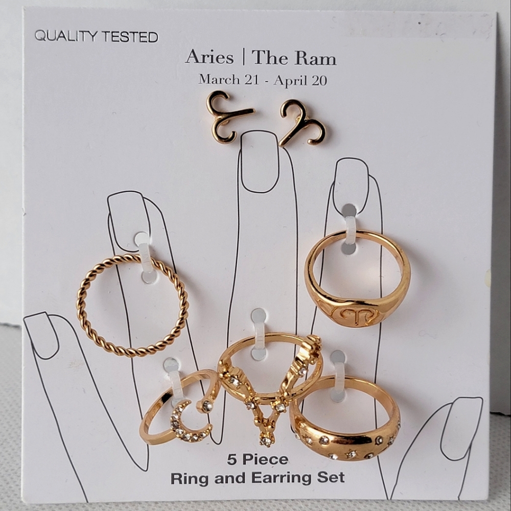 Aries Zodiac 5 Piece Ring and Earring Set